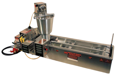 picture of the Lil' Orbits SS2400-GII gas fueled automatic donut machine with gas lines, hopper and dual frying chambers