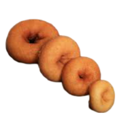 A picture comparing the four sizes of donuts made by the Lil' Orbits donut machines, ranging from mini to small to medium to large
