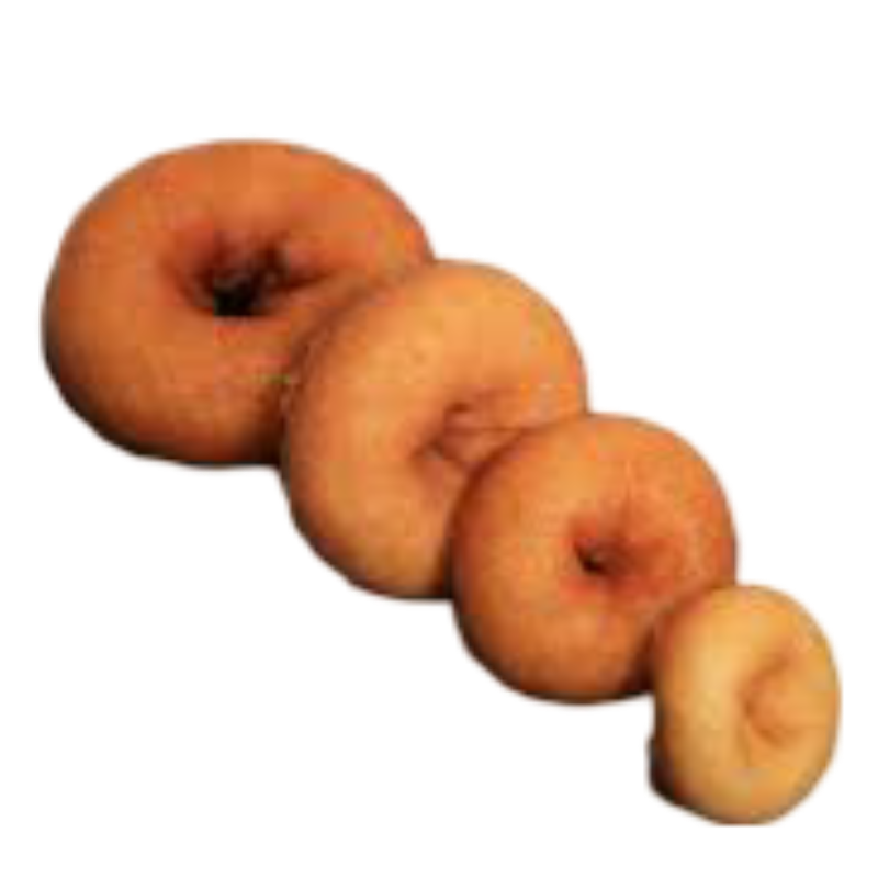 A picture comparing the four sizes of donuts made by the Lil' Orbits donut machines, ranging from mini to small to medium to large