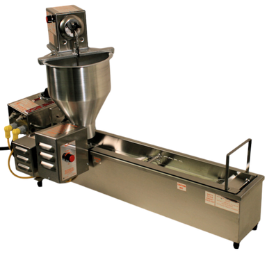 side angle view of the Lil' Orbits SS1200 automatic donut frying machine on a white background, showing the automatic hopper that dispenses the batter into the frying area, where the donut travels down the frying chamber and is automatically flipped and then dispensed when done
