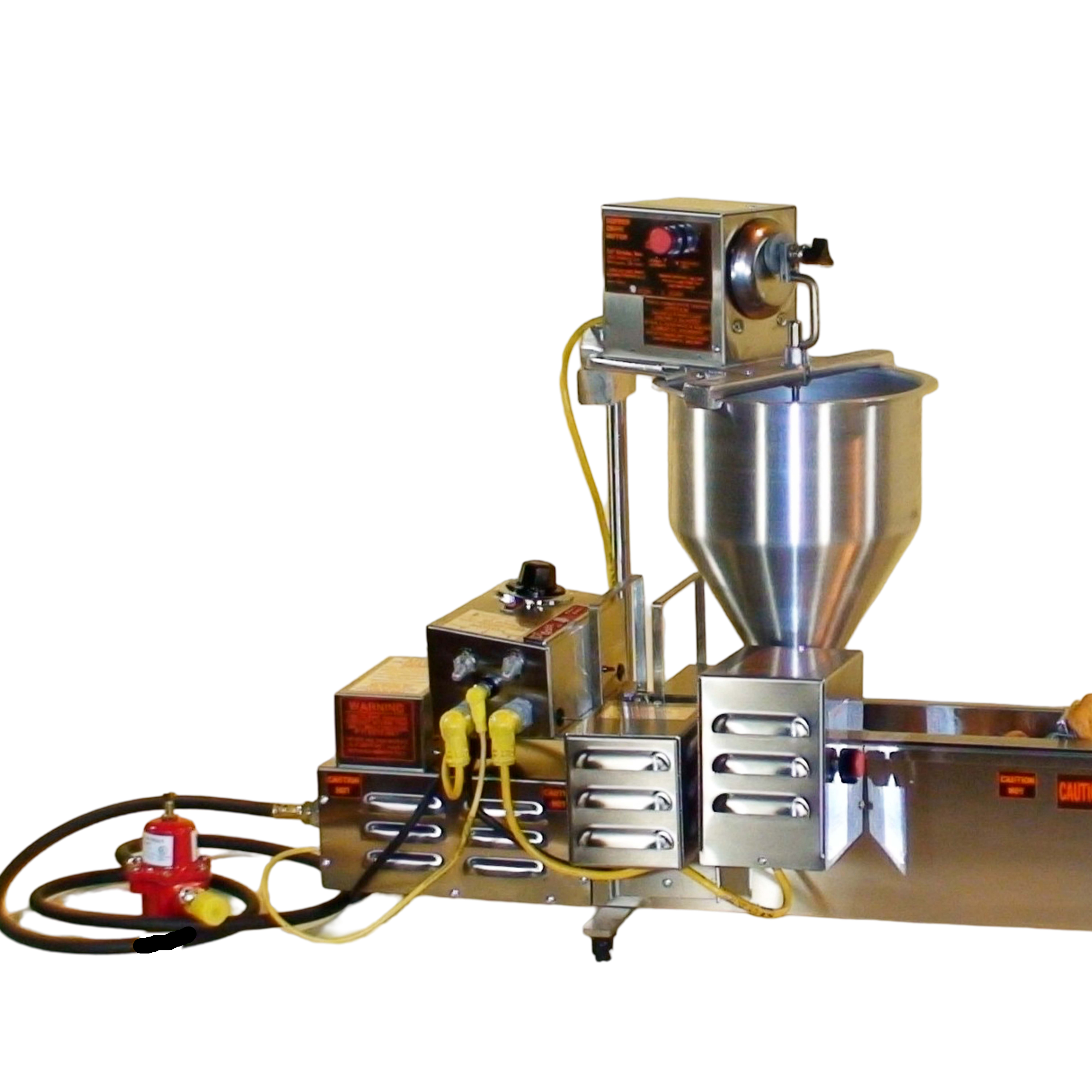 Focus on the lil' orbits SS1200-gii automatic donut machine back end where the gas lines and temperature controls are, next to the hopper