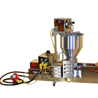 Focus on the lil' orbits SS1200-gii automatic donut machine back end where the gas lines and temperature controls are, next to the hopper